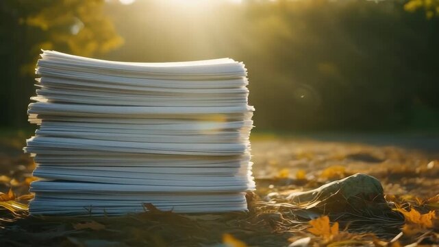 Tall stack of white paper on ground covered with autumn leaves and bright sunshine during the day for office related purposes.