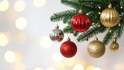 A beautiful and festive Christmas close-up scene featuring gold, red, and silver ornaments hanging on a decorated evergreen tree branch.