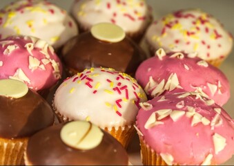 Assorted cupcakes with different frostings. Some are topped with pink icing and scattered with white chocolate pieces, others have brown chocolate frosting with white chocolate buttons.