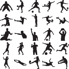 Set of soccer player silhouettes in various poses vector illustration of football action isolated on white background