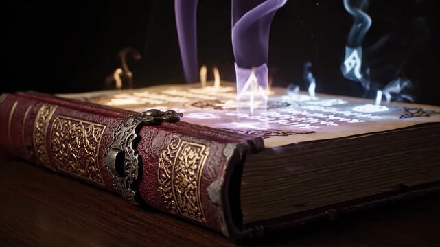 A mystical book glows with symbols and emits ethereal smoke