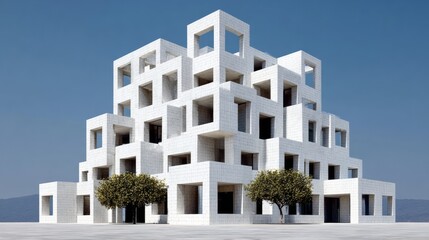 Modern architectural structure featuring geometric shapes and open windows, surrounded by trees, showcasing innovative design and contemporary aesthetics in a minimalist environment