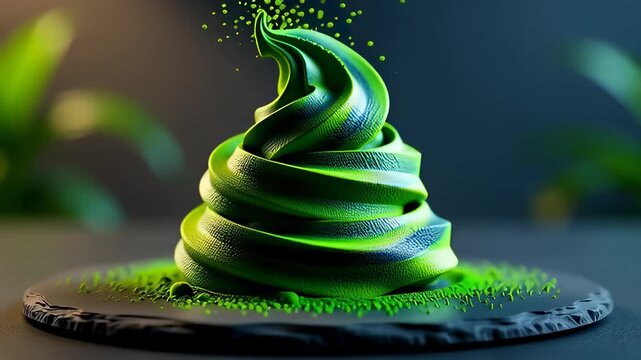 Vibrant green spirulina powder swirling into a conical shape with levitating particles in a cinematic 3D animation, illustrating healthy superfood and nutrition concepts.