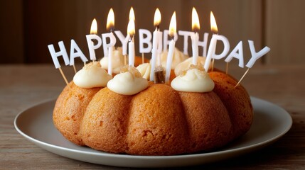 Delicious birthday cake with creamy frosting and lit candles, decorated with festive letters, creating a joyful atmosphere for celebration and special moments with loved ones