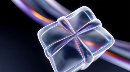 Abstract translucent gift box with a ribbon, floating against a dark background, showcasing modern design elements and vibrant colors, representing creativity and innovation in visual art