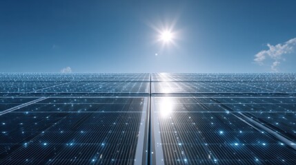 High-tech solar panel under bright sun for clean energy solutions, sustainable technology background with blue sky negative space

