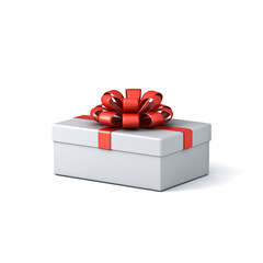 Blank white rectangle gift box or perspective view of white present box tied with red ribbon bow isolated on white background with shadow minimal conceptual 3D rendering