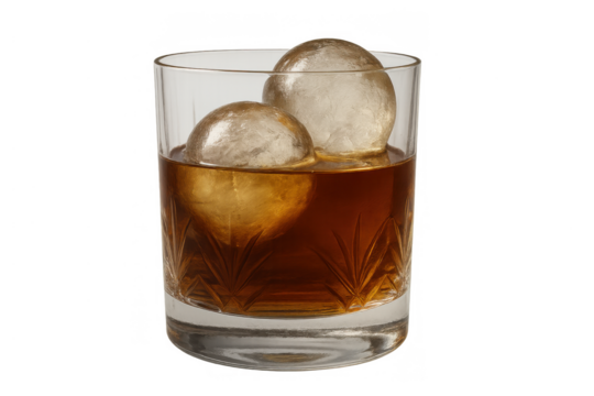 Whiskey on the rocks with two spherical ice cubes in an old fashioned glass, transparent background