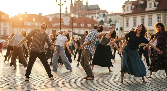 A large group of people dancing joyfully in a European city square at sunset.