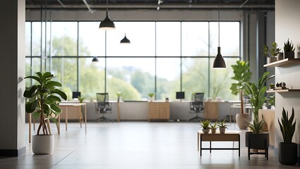 Bright modern loft space with large windows and greenery