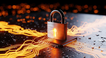 Digital security concept with glowing padlock on a computer chip