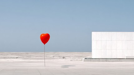 Heart-shaped red balloon stands alone on a minimalist white concrete surface, contrasting against a clear blue sky, symbolizing love and solitude in a serene environment