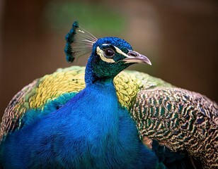 Fototapeta premium Portrait of a Proud Peacock: A Vivid Display of Nature's Artistry with Stunning Blues and Greens in Sharp Detail.