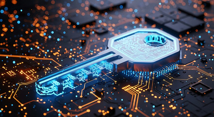Digital security key glowing blue on a dark circuit board background