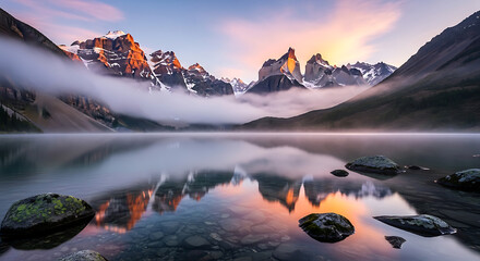 Majestic mountain landscape at dawn, mist over calm lake water