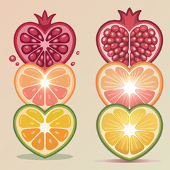 Heart-shaped fruit slices stack illustration with pomegranate Vector, illustration