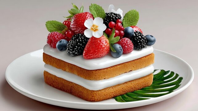Layered dessert with creamy frosting and fresh berries, including strawberries, blueberries, and blackberries, garnished with mint leaves on a white plate, showcasing a delightful culinary creation