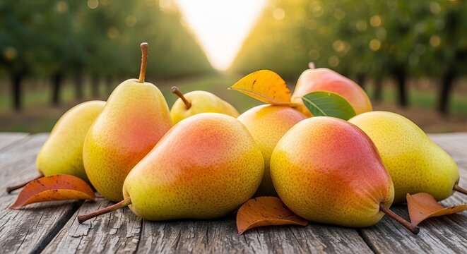 Freshly harvested pears in an orchard at sunset
