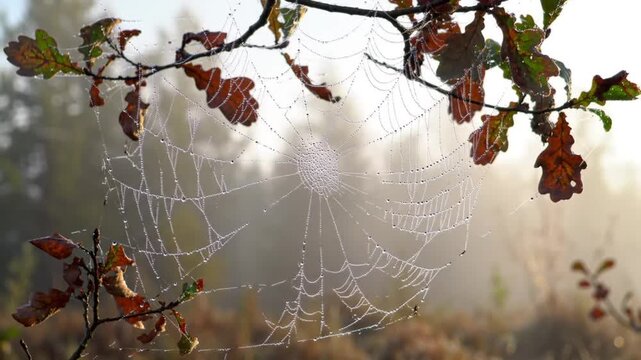 Dewdrops sparkle on a spiderweb strung between autumnal oak branches.