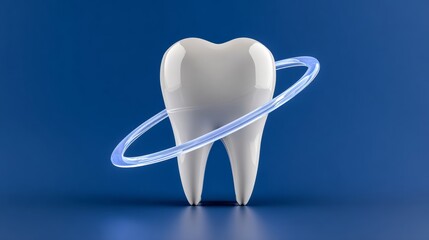 3D illustration of a glossy white tooth surrounded by a glowing blue ring, symbolizing dental health and care, set against a vibrant blue background for visual impact and engagement