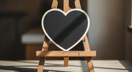 Heart shaped chalkboard on wooden easel with natural light