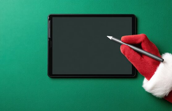 Santa glove drawing on digital tablet with stylus on green background