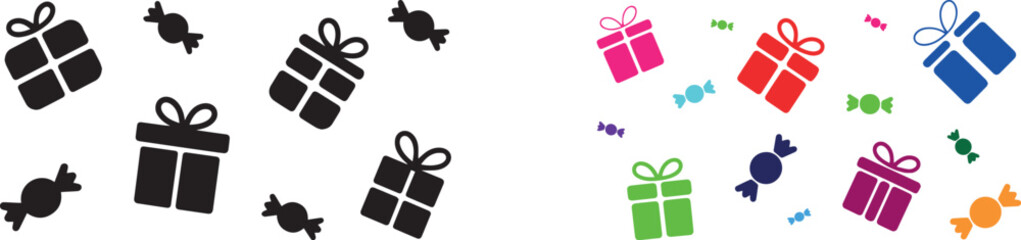 A festive background with black and white gifts and colorful gift patterns
