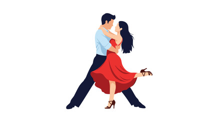 A couple in formal attire dances passionately in a tango pose against a white background.