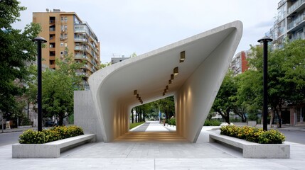 Modern architectural structure with flowing curves and integrated lighting, surrounded by greenery and urban elements, creating a serene public space for relaxation and social interaction