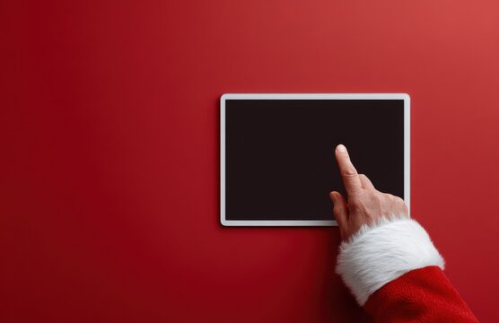 Top view of Santa tapping digital tablet on red desk - Powered by Adobe