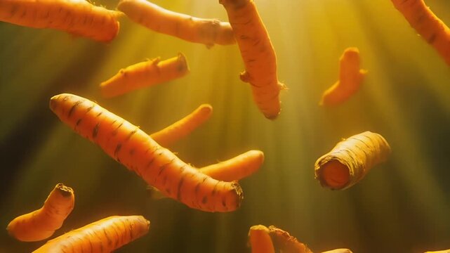 Close-up of vibrant turmeric root floating in slow motion, swirling through beams of bright studio light