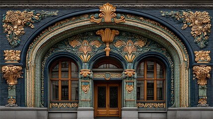 Ornate Historic Building Facade with Decorative Arch Windows and Gold Accents
