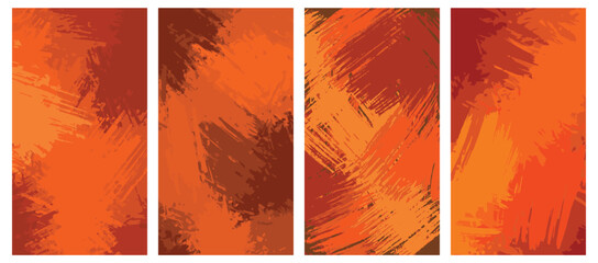 Abstract background set of four vertical banners with vibrant orange and brown brush strokes vector illustration