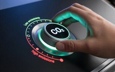Hand turning a co2 emissions dial from high to low with green and red indicators shown clearly there