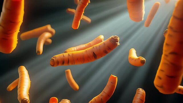 Close-up of vibrant turmeric root floating in slow motion, swirling through beams of bright studio light