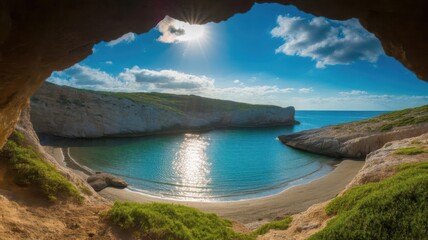 View of a serene cove and turquoise water from inside a rocky cave