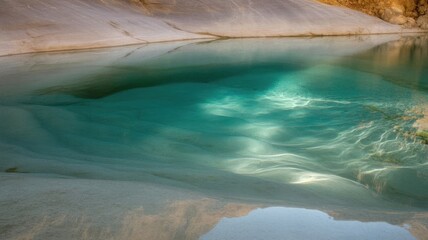 Crystal clear turquoise water pool reflecting sunlight in natural rock formation
