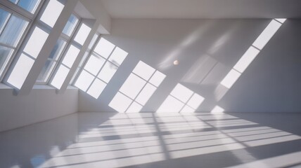 Sunlight streaming through windows creating geometric shadows on a wall and floor