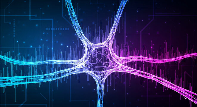 Abstract visualization of a neural network with interconnected neurons and digital circuit patterns, symbolizing artificial intelligence and cognition