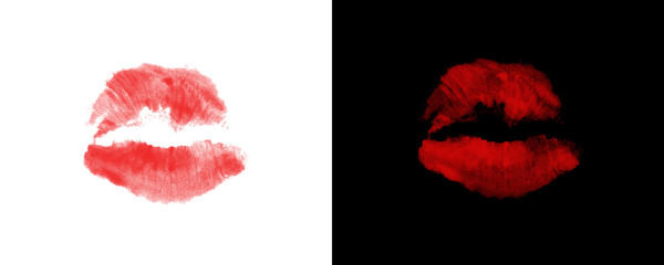Lipstick kiss print on white and black background, a symbol of love and passion, romantic and sensual isolated on trasparent background isolated on transparent background