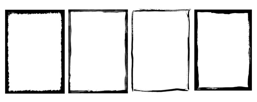 Four grungy black frames isolated on transparent background, each with a unique distressed texture and border style isolated on trasparent background