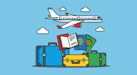 Naklejka premium A collection of colorful suitcases, passports, and an open book are piled together with an airplane flying overhead against a clear blue sky with clouds.