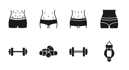 Body transformation and fitness equipment glyph icons set, showing weight loss progress and gym tools.