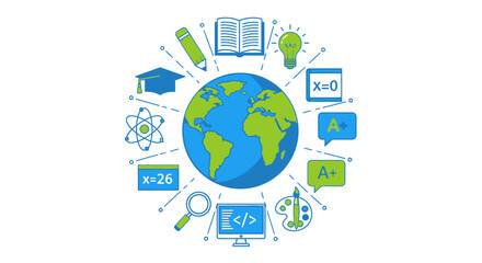 A vibrant illustration depicting global education and learning with various academic symbols surrounding a central globe.