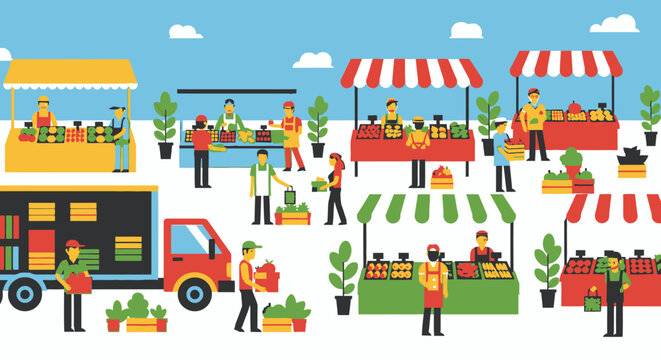 A vibrant outdoor farmer's market scene with diverse vendors selling fresh produce from stalls and trucks, bustling with shoppers and workers.