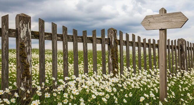 Rustic wooden fence with directional sign and wildflowers under a cloudy sky