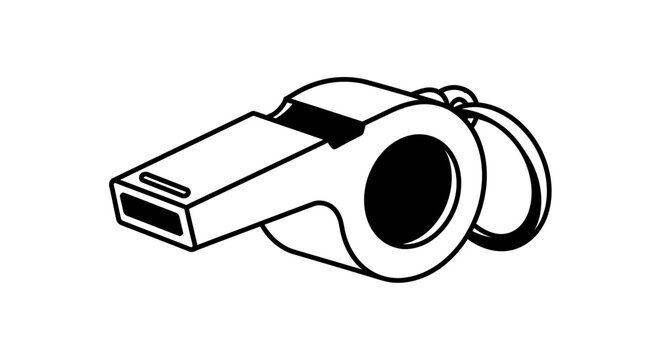 A simple black and white line art illustration of a classic sports whistle with an attachment ring.