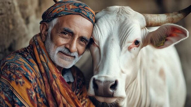 Video A senior gentleman tends to a cow in a rustic barn setting, great for rural or farm-themed uses