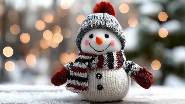 A cheerful snowman decorated in cozy winter attire stands against a softly blurred backdrop of lights, embodying the warmth and joy of the holiday season, perfect for festive theme