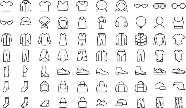 Fashion and Garment Icons Pack: Jacket, T-Shirt, Skirt, Pants, Shoes, Hats, and Bags. Linear Outline Symbols.